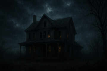 Haunted Abandoned House Under Stormy Sky