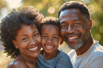 The adorable African American family, consisting of a loving mother, father, and their cute little boy, are all seen smiling and hugging in a heartwarming portrait, radiating happiness, love, and toge