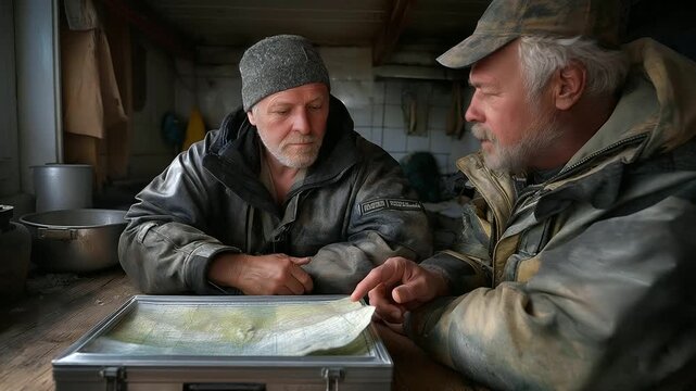 In a rural shed, an adult son and his old senior father sort fishing gear, the rods&rsquo; fiberglass scratched. A metal tackle box, its hinges rusted, sits open, and a paper map, its folds creased, lies