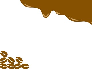Coffee background with roasted beans and brown splash. Coffee frame with bean decorations and brown dripping border. Modern template with copy space for cafe, drink, or beverage design concept