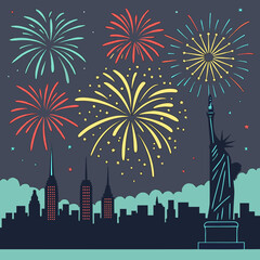 Vector art of fireworks over the statue of liberty and new york city skyline with a dark blue background celebration of independence day cartoon style © Stock