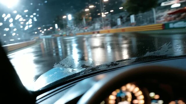 Racers navigate a rainy urban circuit with wipers swiping, puddles splashing, reflections distorting streetlights, and hydroplaning risks around every bend, presented in a slick photo with water