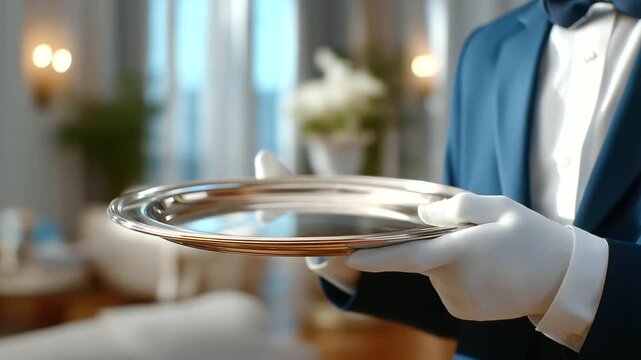 Refined service is expressed through gloved hands presenting a polished silver tray, symbolizing luxury hospitality, elegant etiquette, and the sophistication of formal gatherings. three-quarter