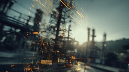 Industrial Plant with Digital Overlay of Orange Data Grids and Patterns Expressing Automation, Monitoring and Smart Systems, Conceptual Visualization of Industry 4.0, Augmented Reality 