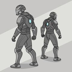 Vector art of two futuristic soldiers in armor are walking on a vector illustration, full shot, back view