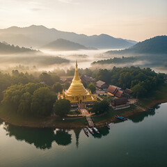 Golden Pagoda on a Misty Reservoir Island
