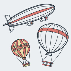 Vector art of vintage air transport illustration featuring a zeppelin and hot air balloons, creating a nostalgic and whimsical scene, perfect for travel or adventure themes © Stock