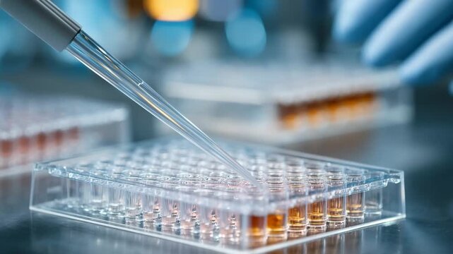 Laboratory technician using pipette to transfer liquid samples into a microplate, showcasing precision and focus in a modern scientific research environment