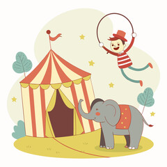 Vector art of whimsical illustration of a circus tent, an elephant, and an acrobat, perfect for childrens book or a circus themed event