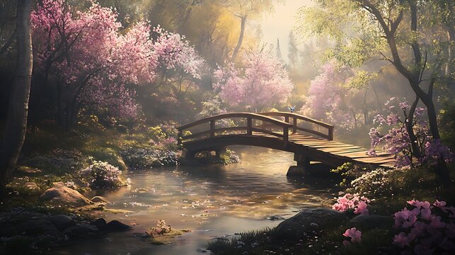 A serene landscape featuring a wooden bridge over a gentle stream, surrounded by blossoming trees in a vibrant, colorful forest setting