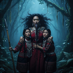 Tribal Family Confronting the Dark Forest Spirit