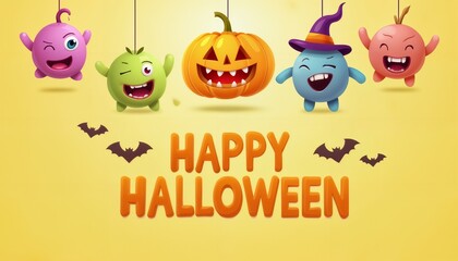 illustration of Halloween decorations with pumpkins and monster faces on a yellow color background