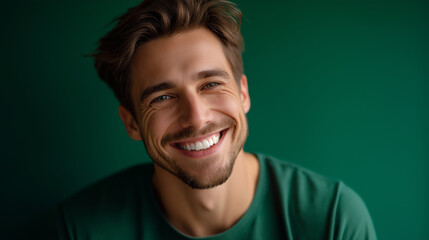 Obraz premium Handsome young man laughs joyfully, portrait of a smiling male against green background, happy, cheerful guy wears green t-shirt, looking at camera, positive emotions, happiness, s