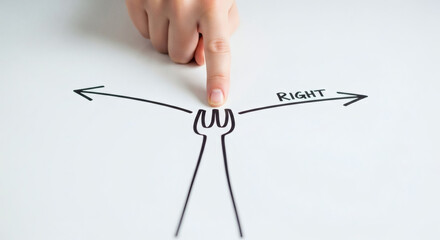 Finger pointing at a fork in the road illustration, symbolizing difficult choices and decision making for business and life paths.