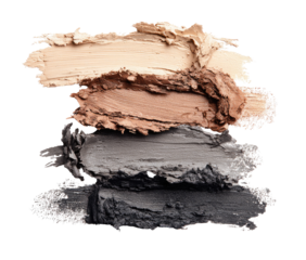 Three stacked cosmetic swatches in beige, taupe, and dark gray