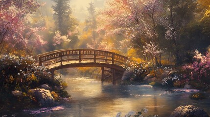An enchanting landscape painting depicting a wooden bridge crossing a serene stream, adorned with vibrant cherry blossoms and bathed in warm, golden sunlight