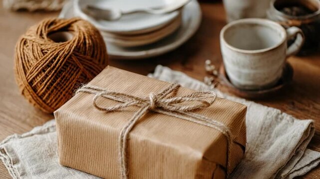 A brown paper-wrapped gift tied with twine rests on a wooden table beside a ball of yarn and a cup.