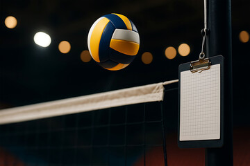 Volleyball ball flying by net with coach clipboard indoors