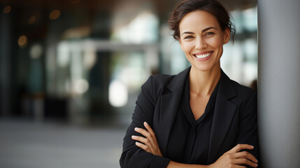 Portrait of self assured confident female attorney with professionally crossed arms smiling confidently and leaning casually on architectural column in modern law office