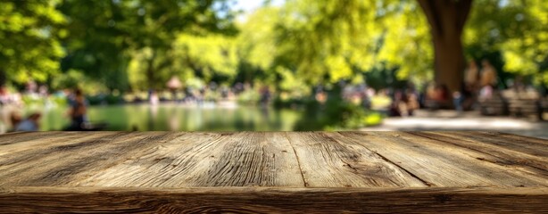 The Wooden Table in a Sunlit Park Amidst Crowded Greenery and Relaxed Visitors