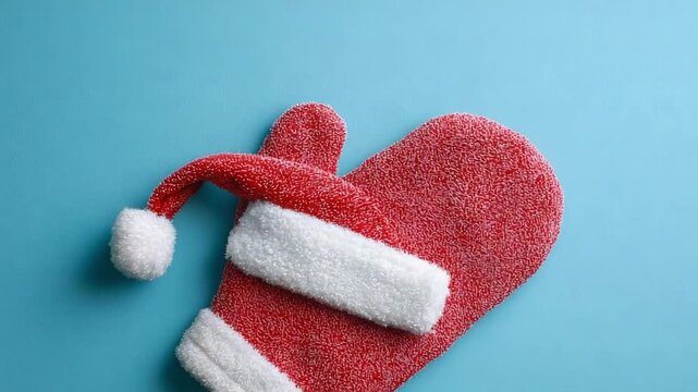 A red heart-shaped mitten with white fur trim and a Santa hat on a blue background.