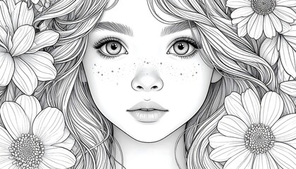 Fototapeta premium Line Art Portrait of a Girl Surrounded by Flowers for Coloring