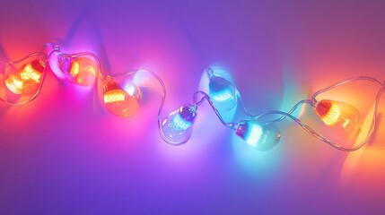 Curving string of multicolor incandescent bulbs draped in gentle arc, each bulb glowing with soft radiance, transparent canvas showing glow spill