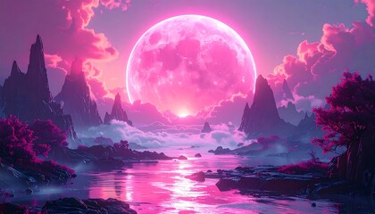 Enchanting Pink Moonlit Landscape with Mountains, River, and Dreamy Clouds