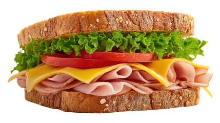 Close-up of two sandwiches with bacon, salami, prosciutto and fresh vegetables on rustic wooden cutting board. Club sandwich concept.
