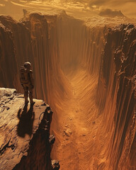 Astronaut standing on the edge of Martian canyon