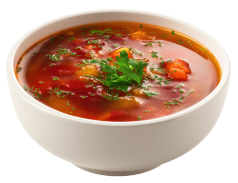 Creamy, vibrant red soup in a white bowl, garnished with fresh herbs