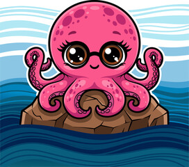 An Adorable Pink Octopus Wearing Glasses Sitting On A Rock In The Ocean, Perfect For World Octopus Day Celebrations