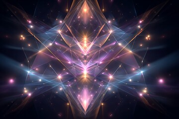 Symmetrical cosmic nebula with glowing orbs and light trails