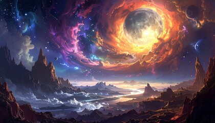Epic cosmic landscape with planets, nebulae, mountains, and a vibrant sky