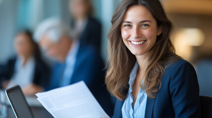 Cheerful smiling financial consultant with detailed report and laptop sitting at conference table with professional colleagues working in background financial consulting service