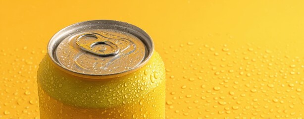 The Can Closeup Yellow Condensation Beverage Can on Bright Background