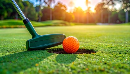 Golf ball near hole with putter in a bright sunlight