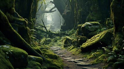 A photo of a winding forest trail with moss-covered