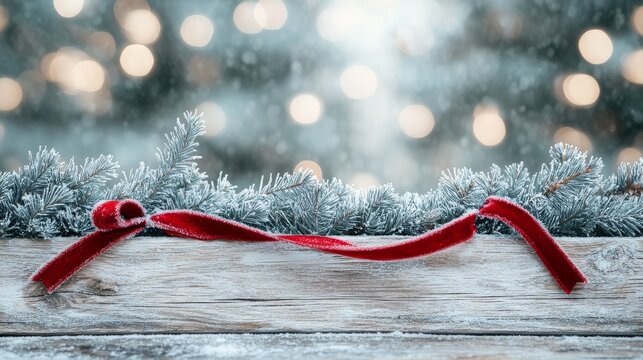 Light grey driftwood plank platform edged with icy evergreen boughs and red velvet ribbon, muted snowy woodland background with subtle bokeh, central negative space for message