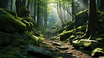 A photo of a winding forest trail with moss-covered