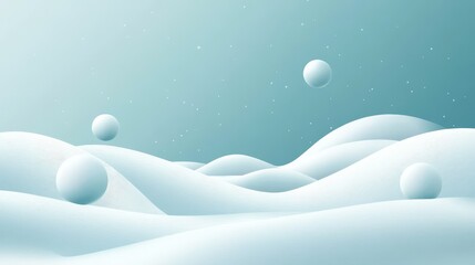 Fototapeta premium Monochromatic cyan landscape with undulating vector snowbanks, dozen stylized snowballs hovering mid-air, faint sparkle accents, clean space for holiday greeting