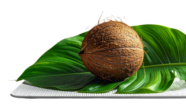 Side View of Coconut and Stretch Mat With Cool-Down Leaves, Fitness Lifestyle Scene, Transparent Background.