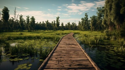 A photo of a wooden boardwalk through a marshy forest