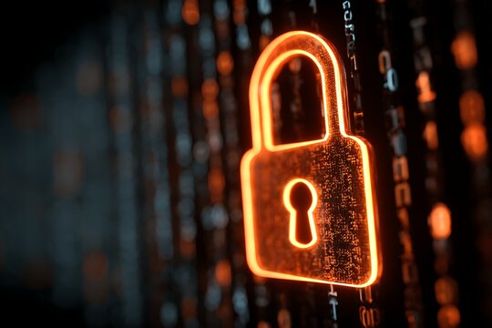 Glowing orange padlock symbol over digital binary code background - Powered by Adobe