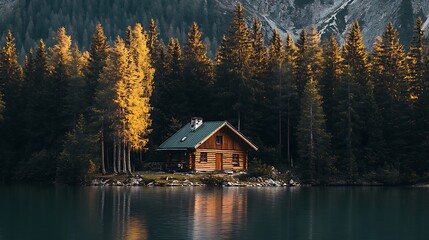 Obraz premium A cozy wooden cabin nestled on the shore of a serene lake, surrounded by lush green trees and majestic mountains in the background, creating a peaceful scene