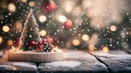 Obraz premium Rustic wooden pedestal painted white, flanked by miniature decorated Christmas tree, background of blurred twinkling lights and faint snowflakes, wide clear center