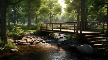 A photo of a wooden boardwalk through a marshy forest