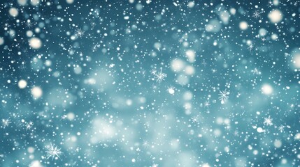 Fototapeta premium High-density snowfall scene with hundreds of intricate snowflake vectors falling over frosty teal sky, concentric wind lines suggesting a light snow hurricane, luminous flecks of ice sparkle