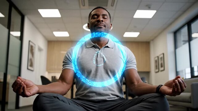 Man meditating in contemporary office setting, sitting cross-legged and focusing. Calm atmosphere with soothing colors and natural light. Concept of corporate wellness, mindfulness, stress relief