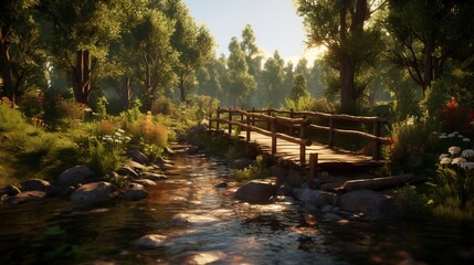 A photo of a wooden boardwalk through a marshy forest